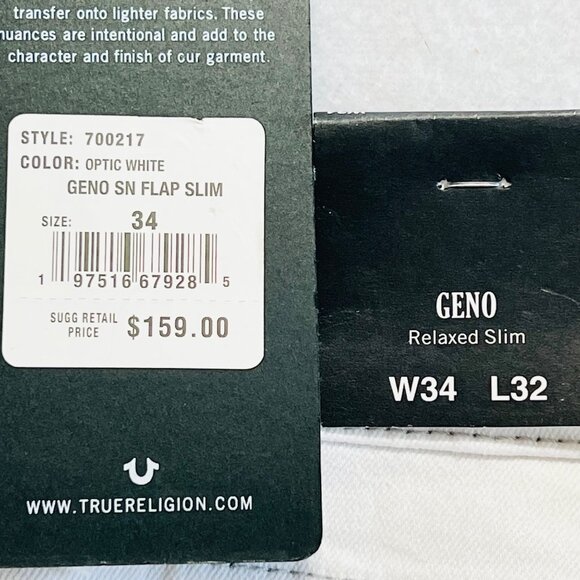 True Religion Men Geno Relaxed Slim Stretch Optic White Jean 34x32 Flap NWT $159 - Picture 5 of 11
